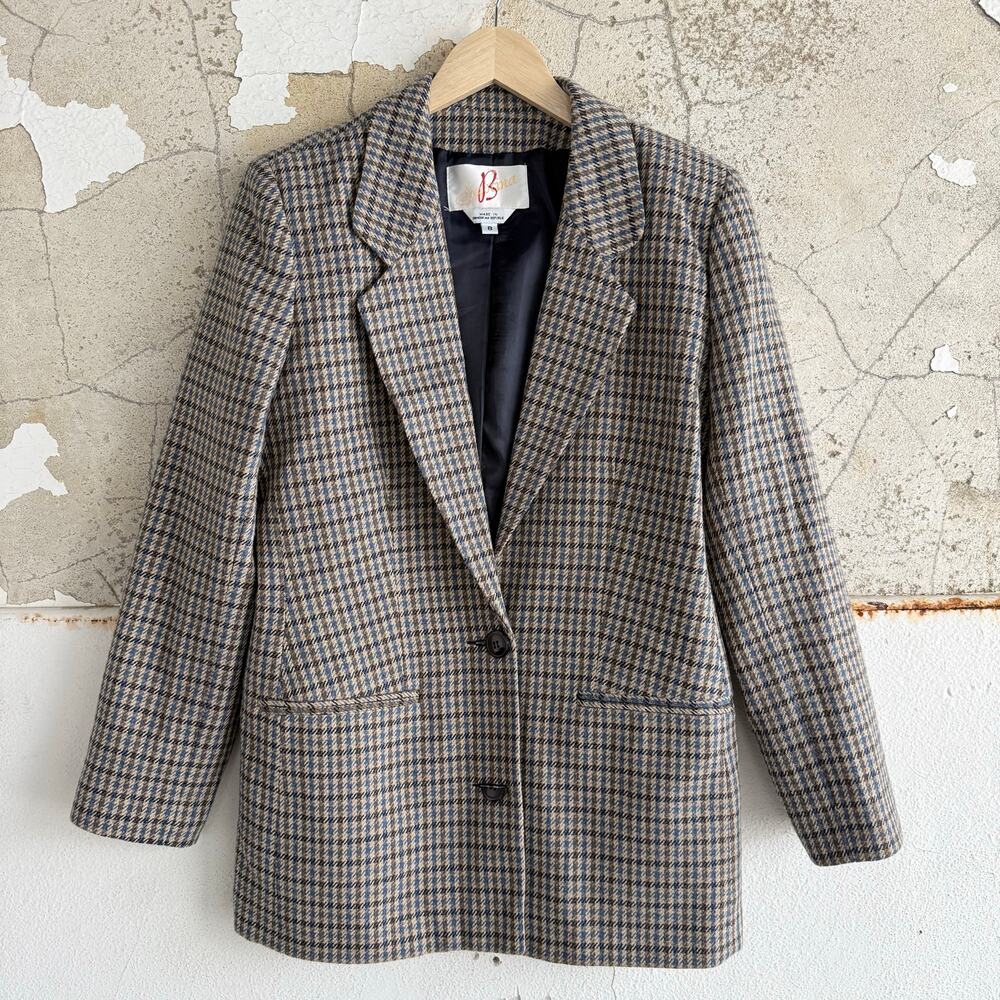Vtg Houndstooth Wool Blazer 90s Tailored Jacket Blue Tan Checkered Womens M Prep